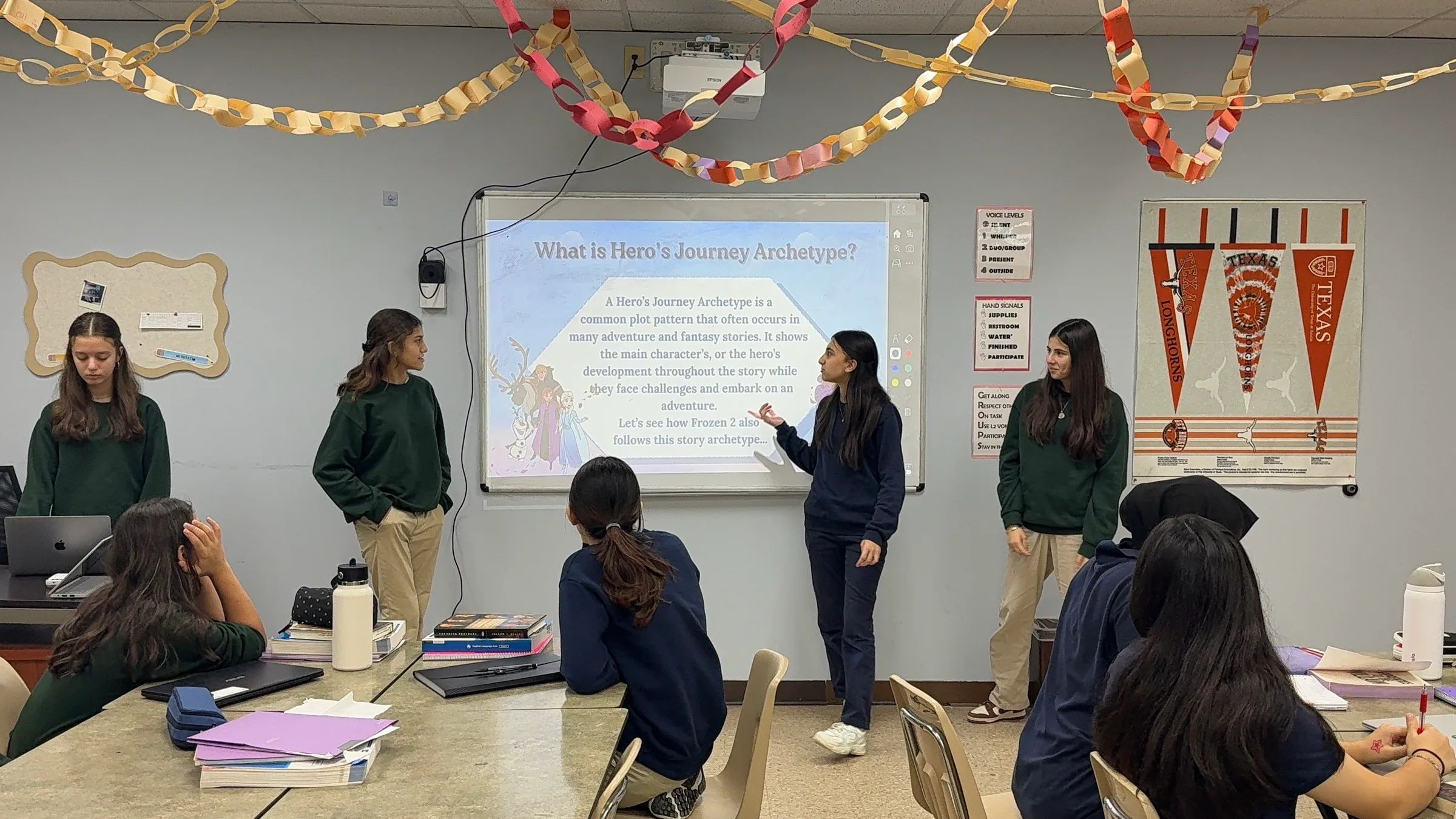 Students presenting a lesson on the Hero’s Journey to their English class